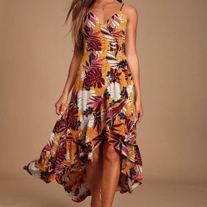 NWT - Lulus - Vacation Days Golden Yellow Tropical Print High-Low Dress